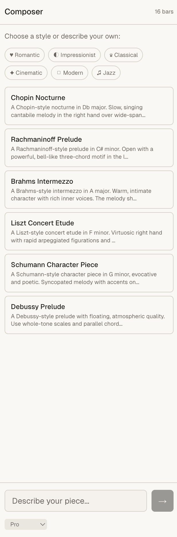 Composer sidebar with style presets and prompt input